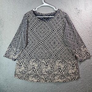 Lucky Brand Tunic Top‎ Blouse Women 1X Paisley Geometric Stretch Beige Navy